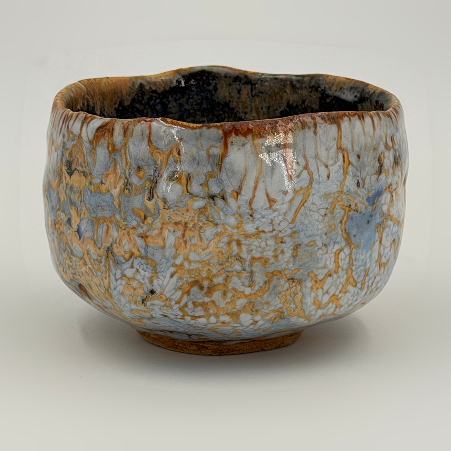 Pale blue chawan with an ochre network — Full view, 1.