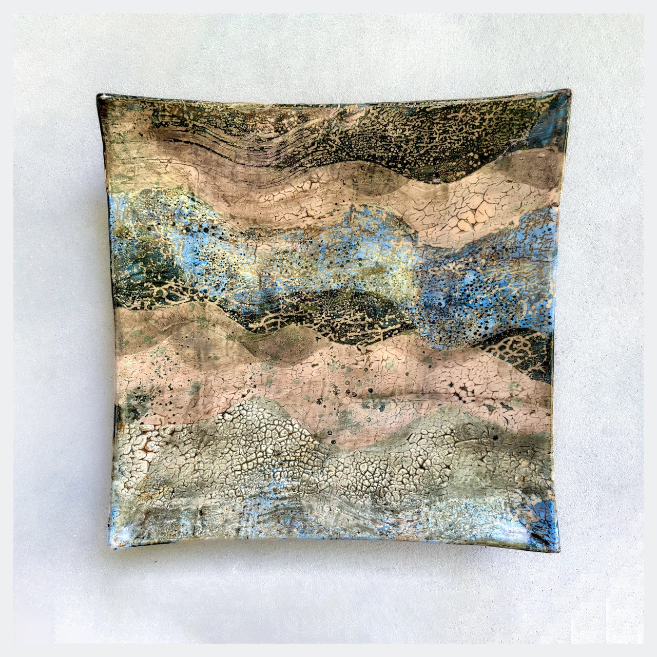 Large square platter in pink, blue and green